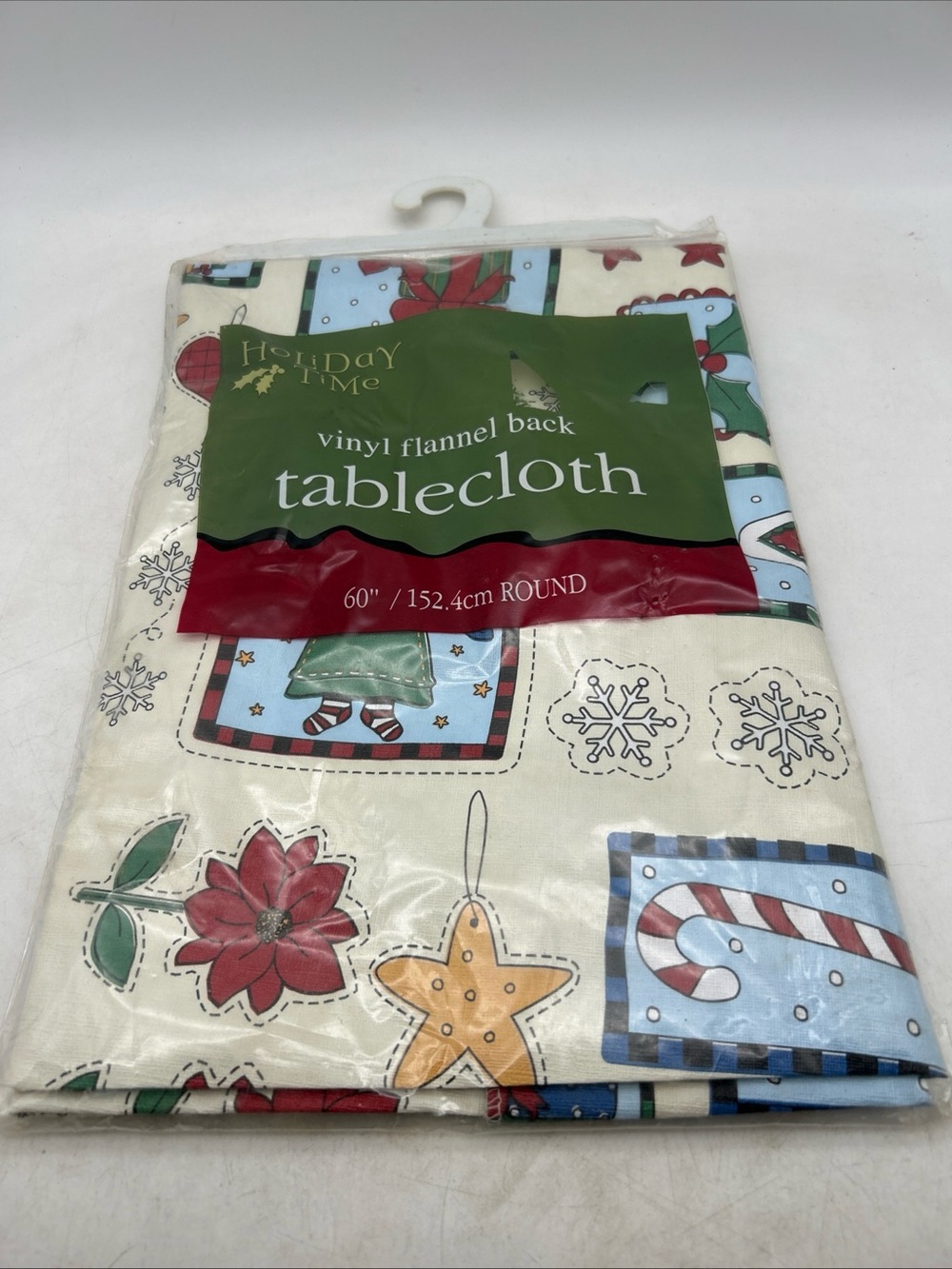 Vtg Holiday Time Vinyl Flannel Back Christmas Tablecloth 60” Round New